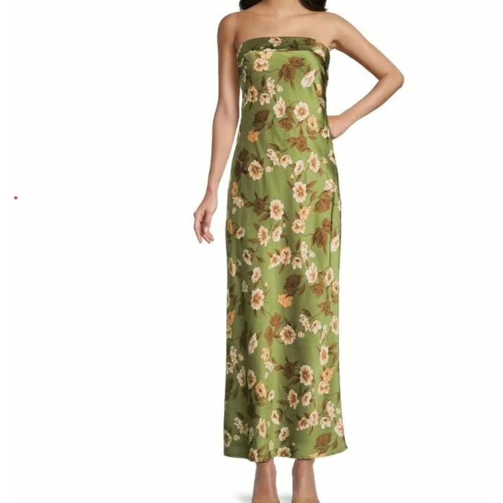 Sincerely Jules Green Floral Satin Strapless Maxi Dress Size XL Wedding Guest